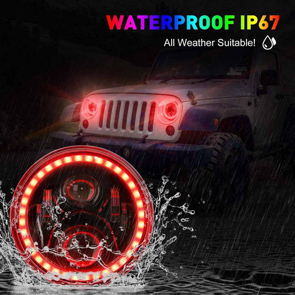 1997-2018 Jeep Wrangler 7 Inch RGB Halo Headlights And Fog Lights Bluetooth Color Control Dot Kits For 19972018 Jk Jku Tj Ljw Ring Drl Amber Turn Signal hi/lo Beam Multicolor
