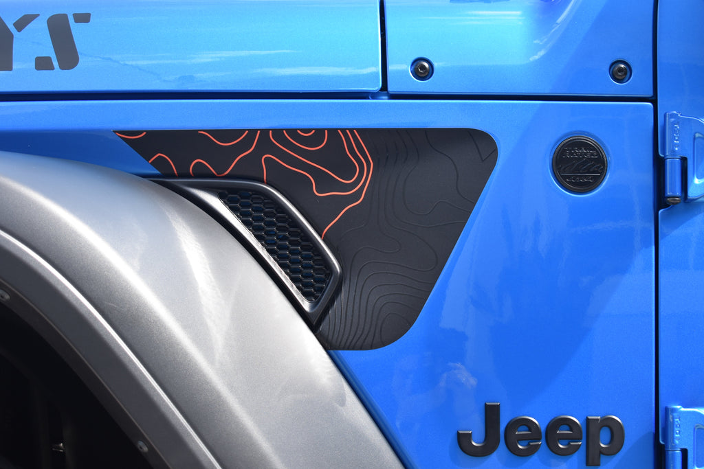 Arctic Mojave Printed Accent Color Topographical Rubicon Blackout Decal- Fits Jeep Wrangler & Gladiator JL Fender Vent Decal-Pair